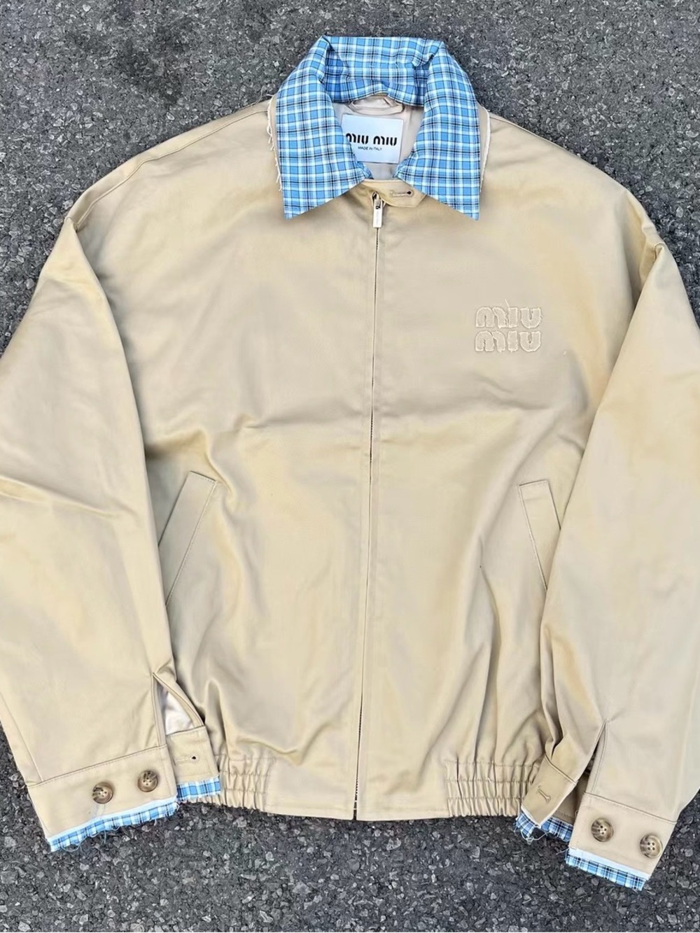 Miu Miu Beige Lightweight Jacket with Blue Plaid Collar